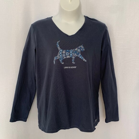 Life Is Good Tops - LIFE IS GOOD Womens Mosaic Cat V Neck Long Sleeve Crusher Tee